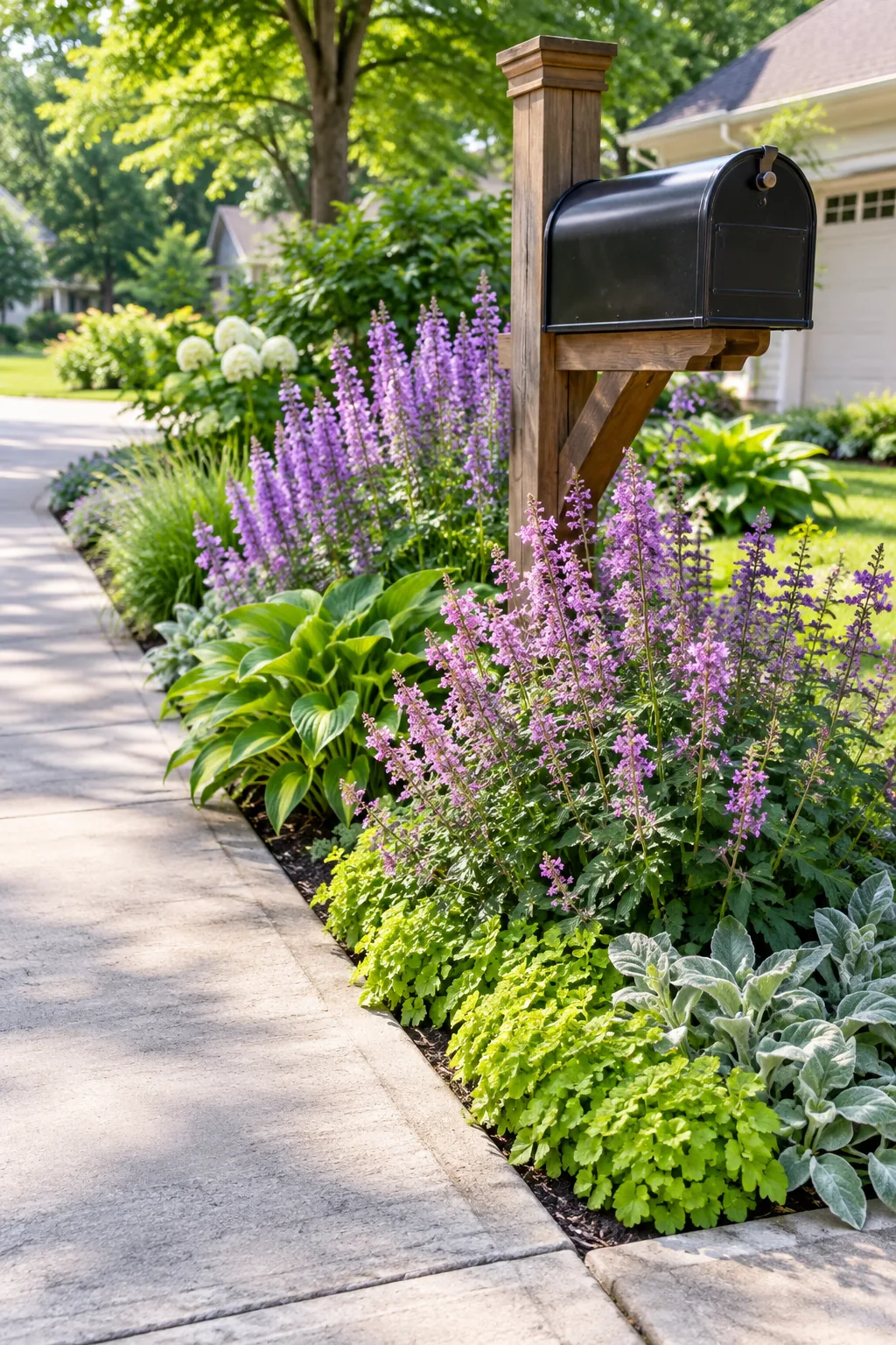 Large green leafy plants growing vigorously where the concrete driveway slopes down.
