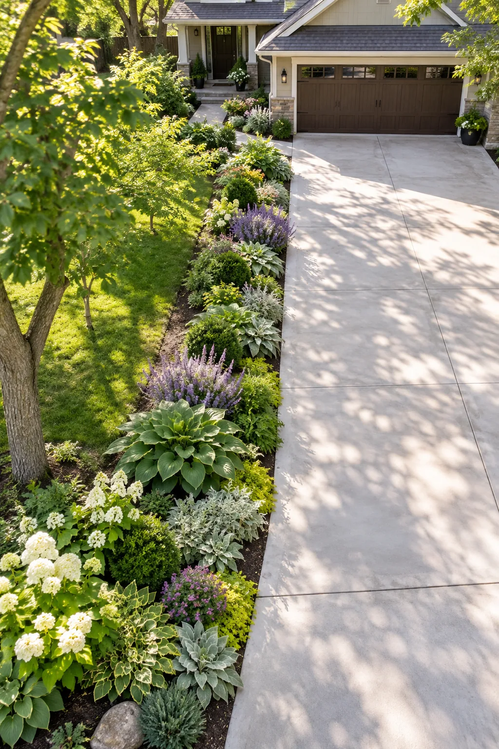 A fully planted 18-inch garden strip bordering a long suburban driveway in full bloom.