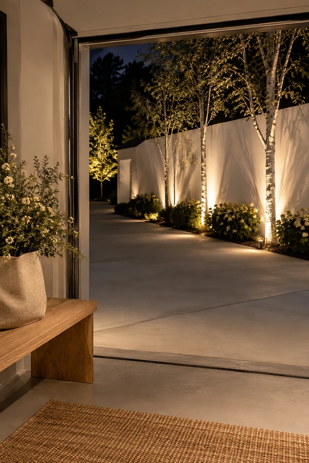 Modern driveway featuring bright LED lights installed flush into the concrete surface.