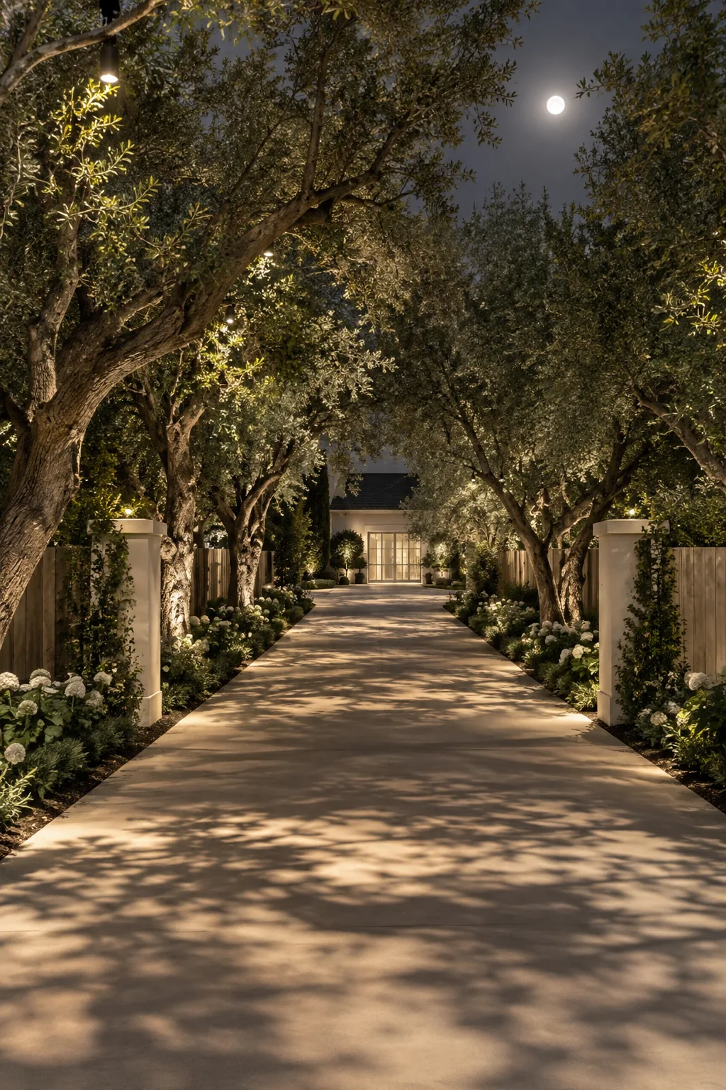 Large trees next to a driveway illuminated from above to mimic natural moonlight.