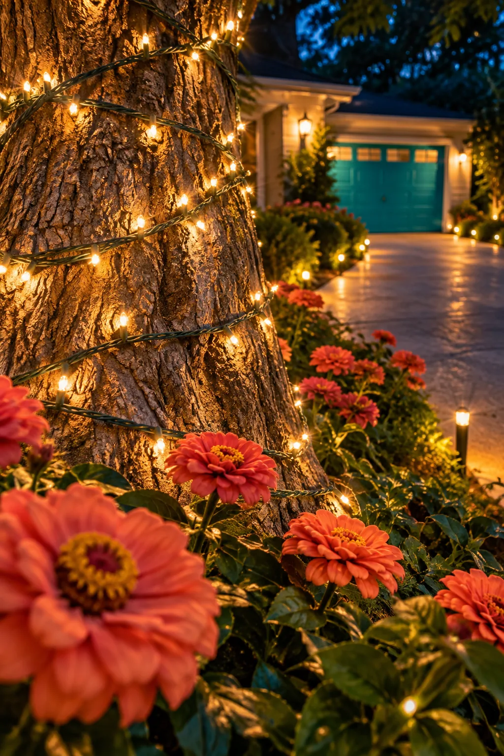 Tree trunks next to a driveway wrapped tightly in warm white string lights.