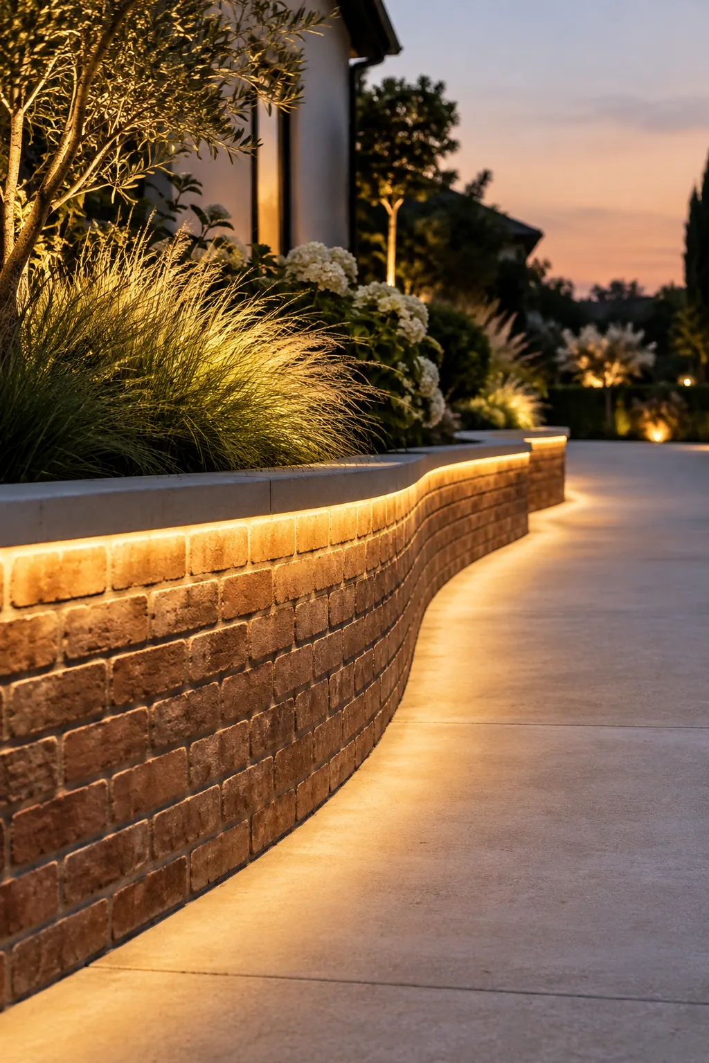 Low brick retaining wall next to a driveway glowing from hidden LED strip lights underneath the capstone.