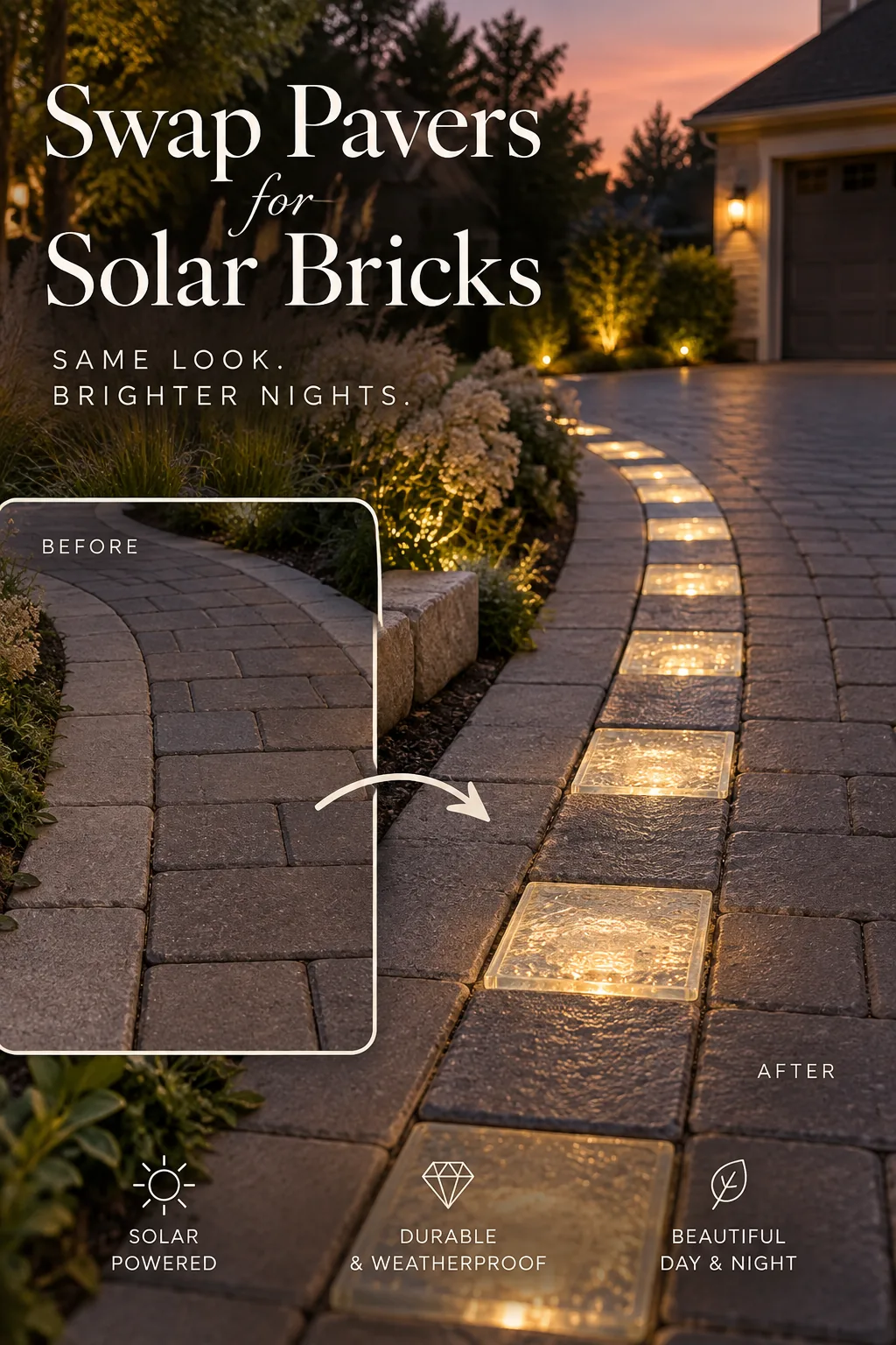 Driveway border featuring glowing frosted glass solar bricks mixed in with regular paving stones.