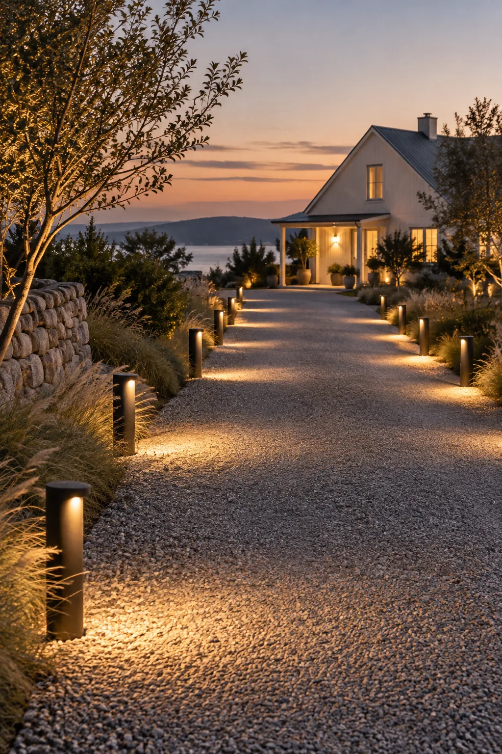 Thick knee-high bollard lights illuminating a long driveway with downward-facing beams.