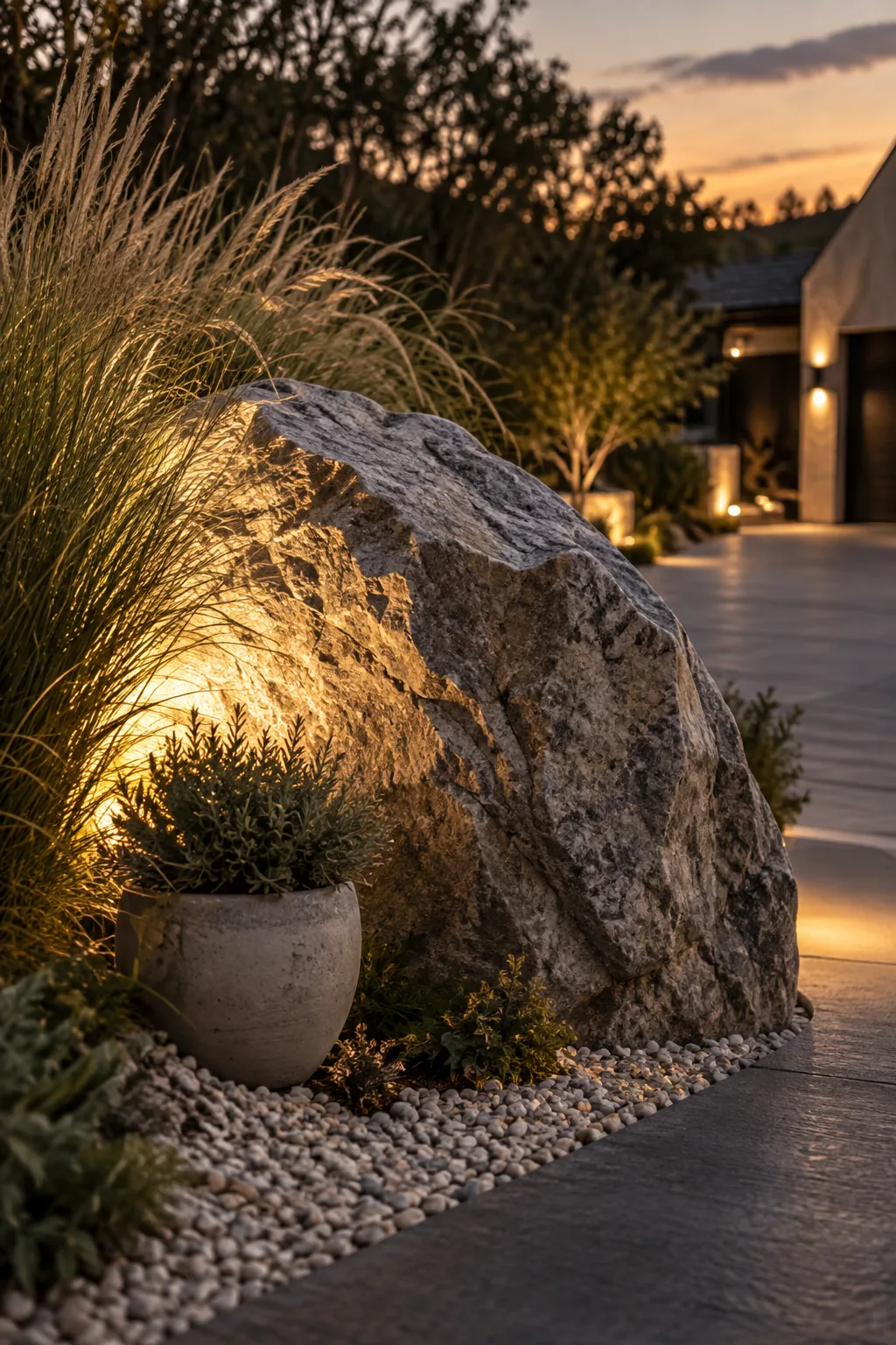 Large landscape boulders at a driveway entrance illuminated by a hidden spotlight.