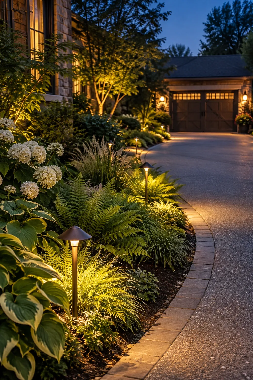 Driveway path lights staggered in a zig-zag pattern along the garden beds.