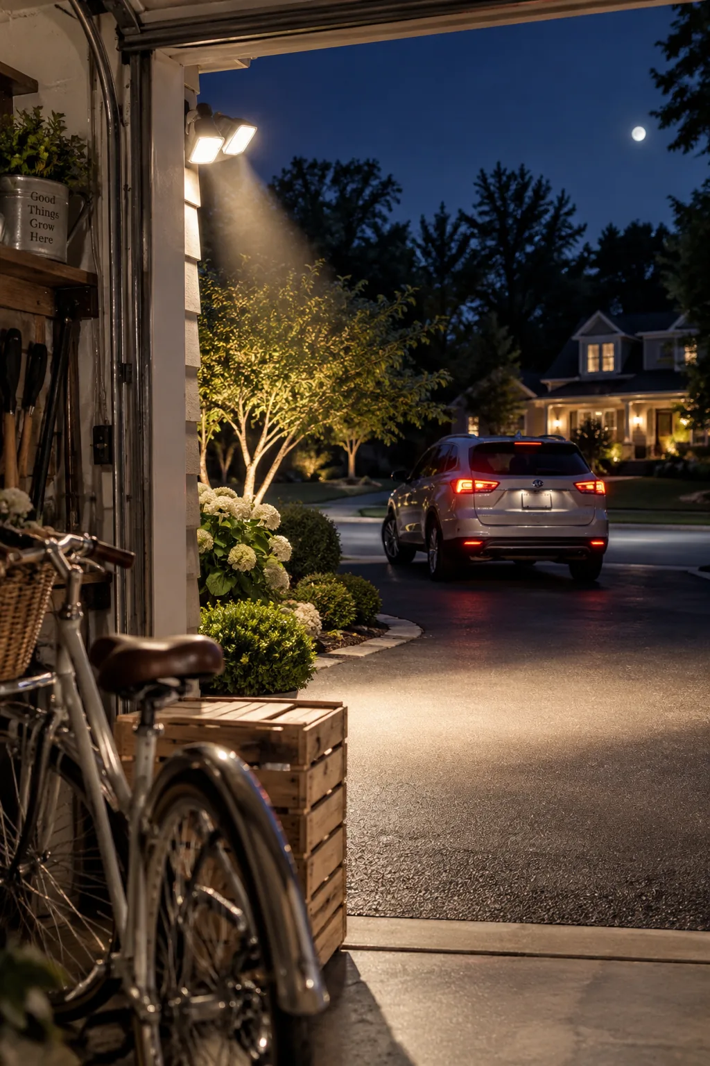 Motion-sensor floodlight mounted on a garage corner illuminating a dark driveway spot.