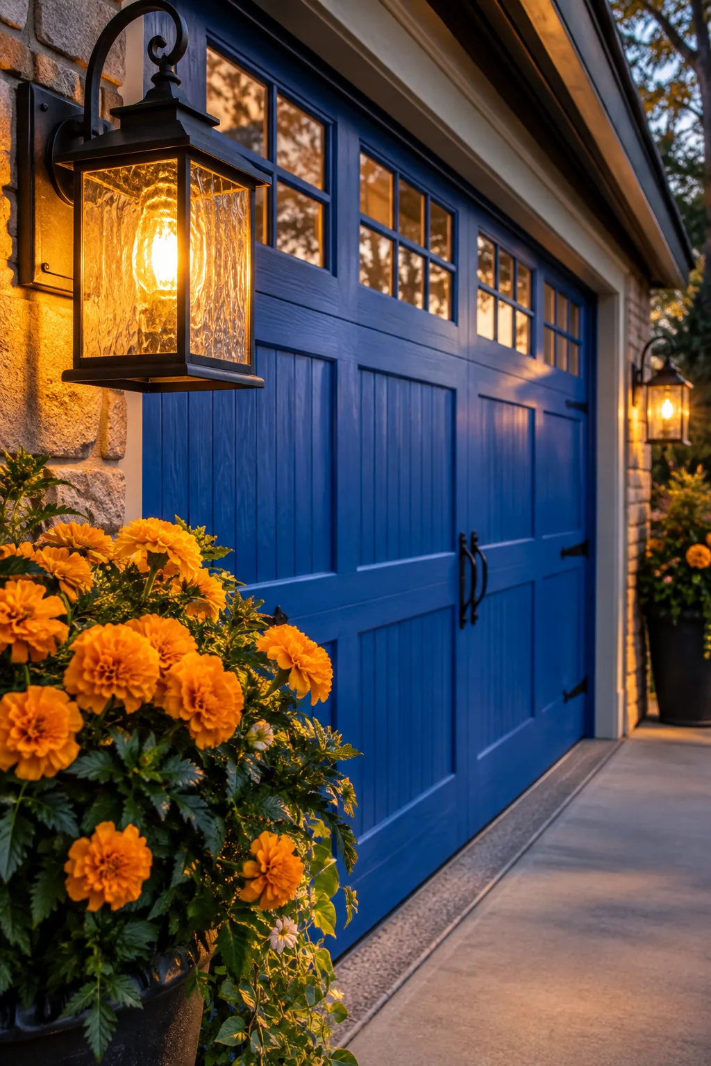 Garage carriage lights glowing with a warm amber hue from smart bulbs.