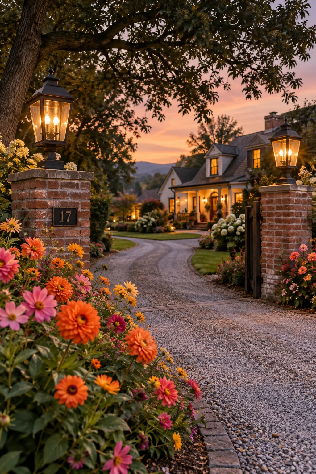 Two tall lantern posts marking the entrance of a residential driveway.