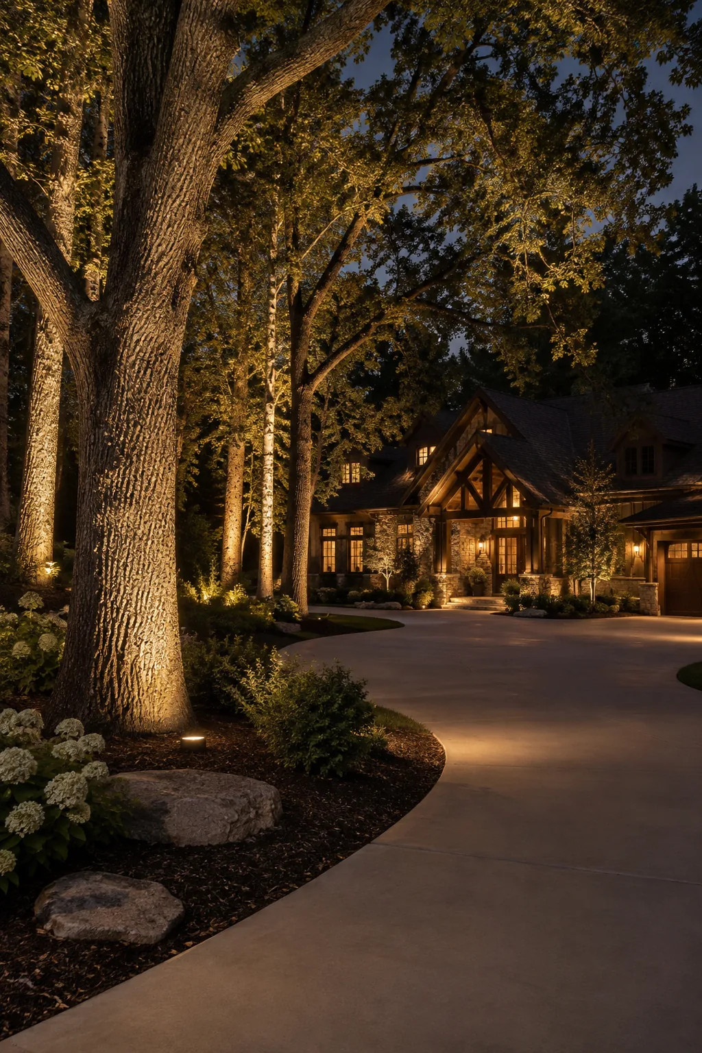 Mature tree next to a driveway illuminated from the base by a hidden well light.