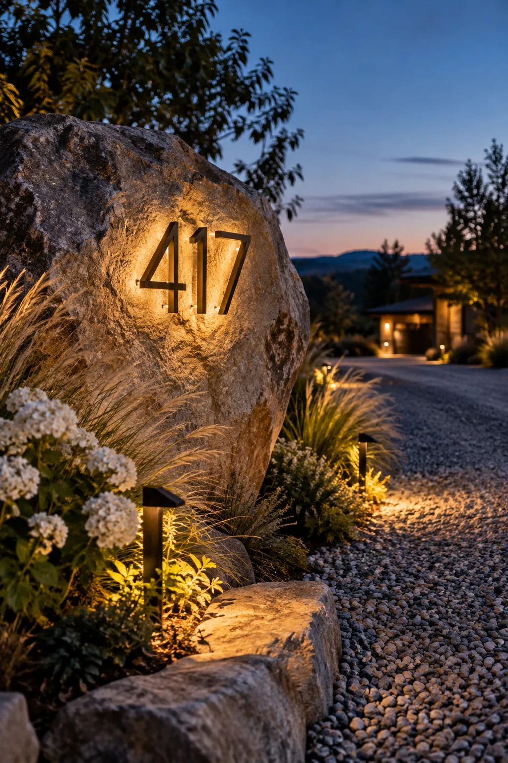 Modern backlit metal address numbers mounted on a stone pillar at a driveway entrance.