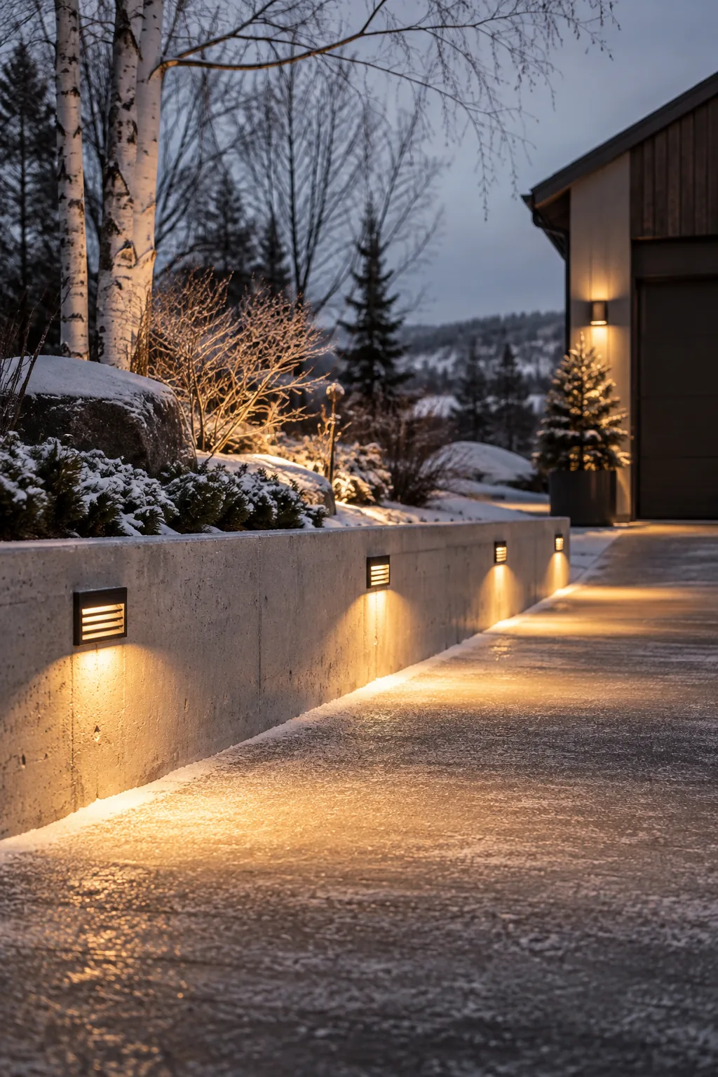 Small louvered step lights built into a brick retaining wall along a driveway.
