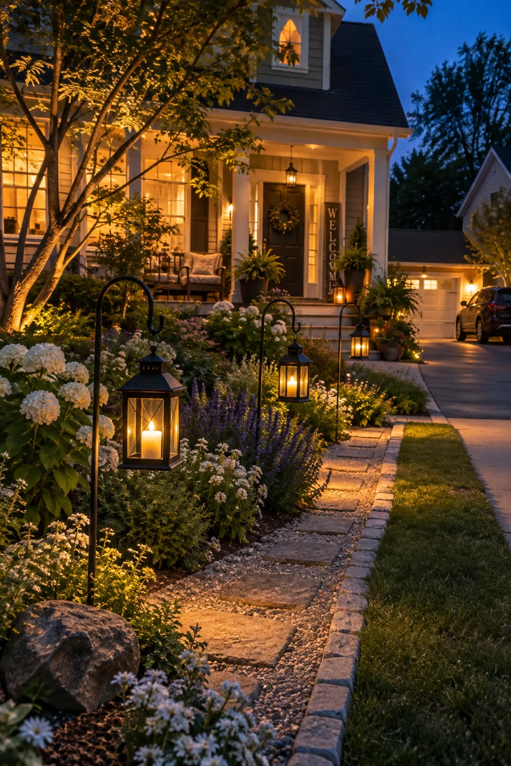 Black metal shepherd's hooks holding hanging lanterns with flickering candles along a driveway.