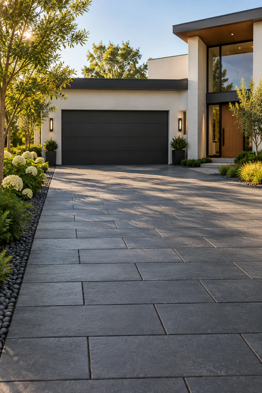 A modern driveway with oversized dark charcoal plank pavers.