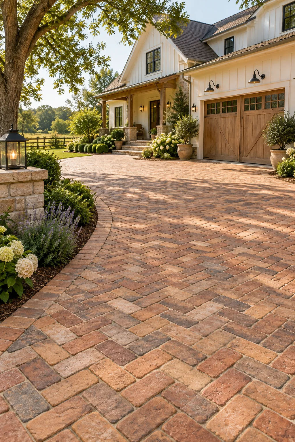 A rustic farmhouse driveway made of tumbled terracotta brick pavers.