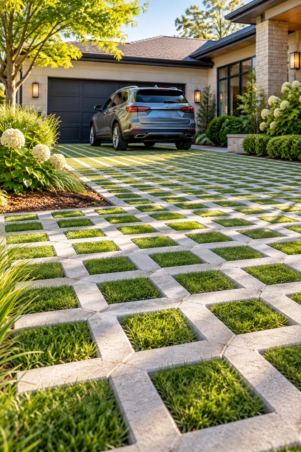 A permeable driveway with concrete grid pavers filled with green grass.