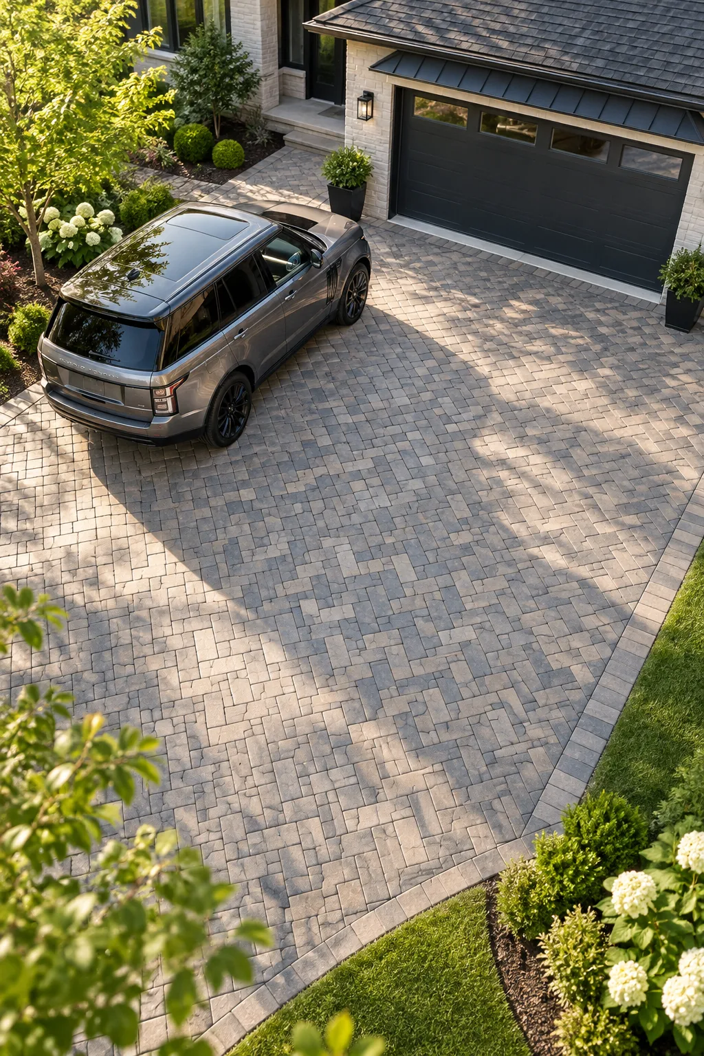 A heavy SUV parked on a perfectly flat, finished paver driveway in morning sunlight.