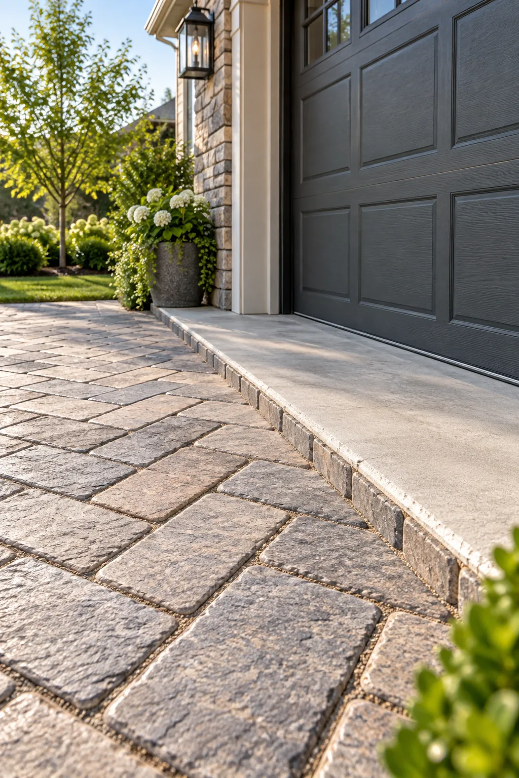 Low angle view across a perfectly flat paver driveway surface catching morning sunlight.