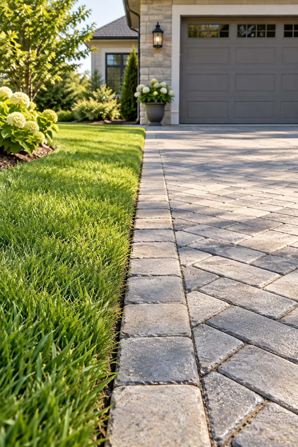 Close up of thick driveway pavers meeting a concrete garage floor lip.