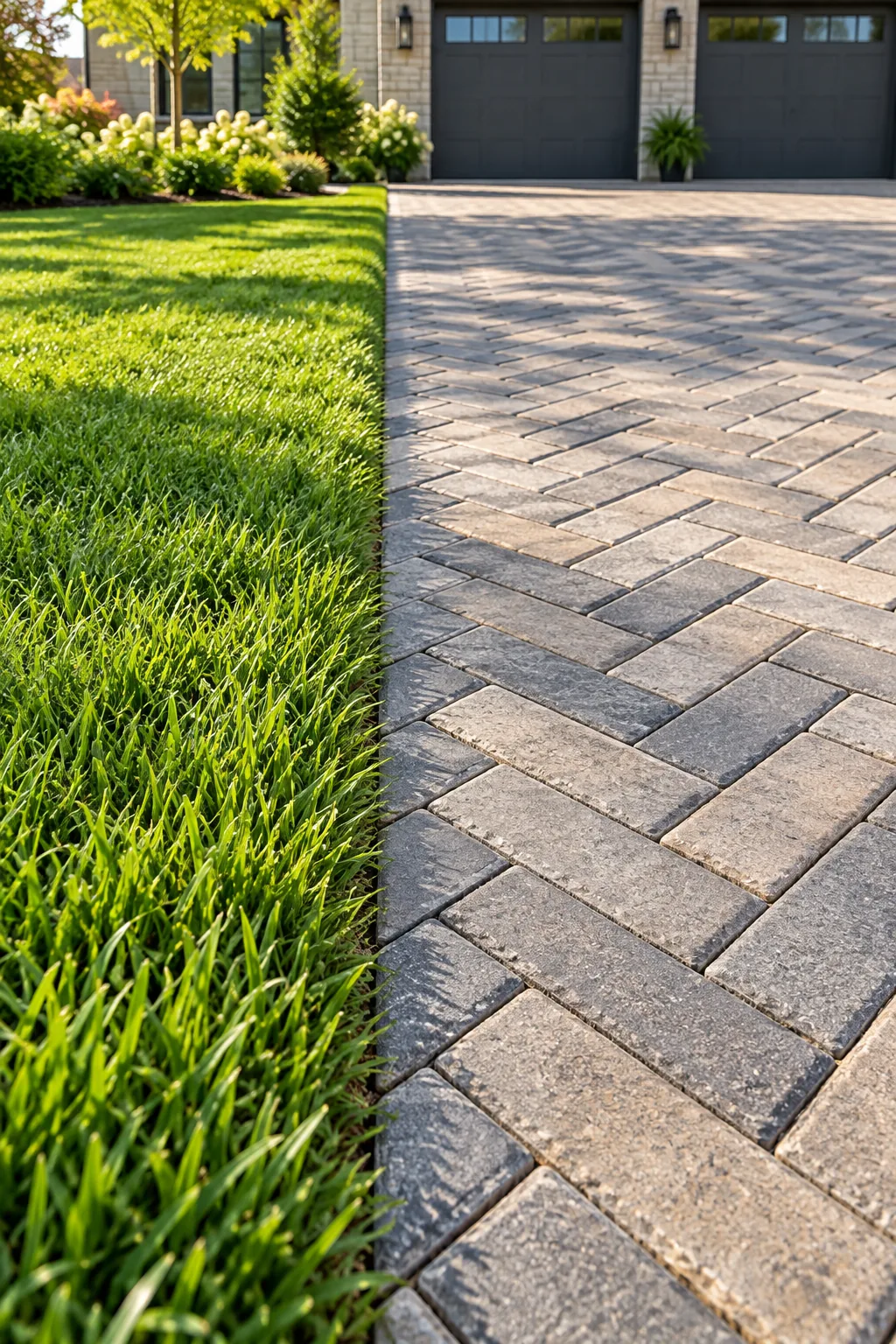 A crisp paver driveway border meeting a lush green lawn seamlessly.