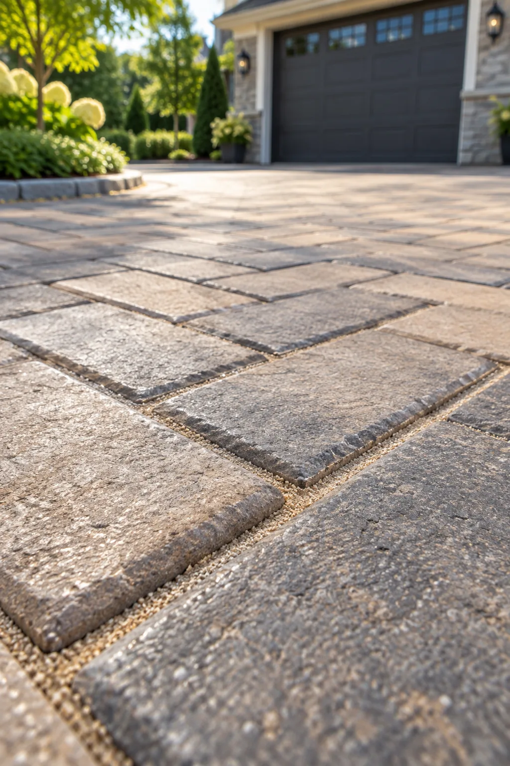 Overhead view of a paver driveway laid in a 45-degree herringbone pattern.