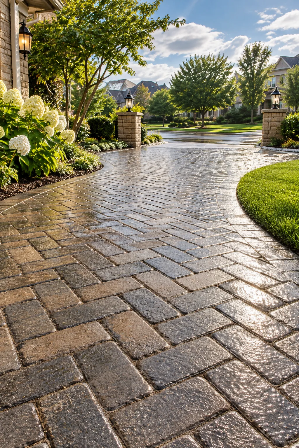 Macro view of hardened polymeric sand recessed slightly below the beveled edges of driveway pavers.
