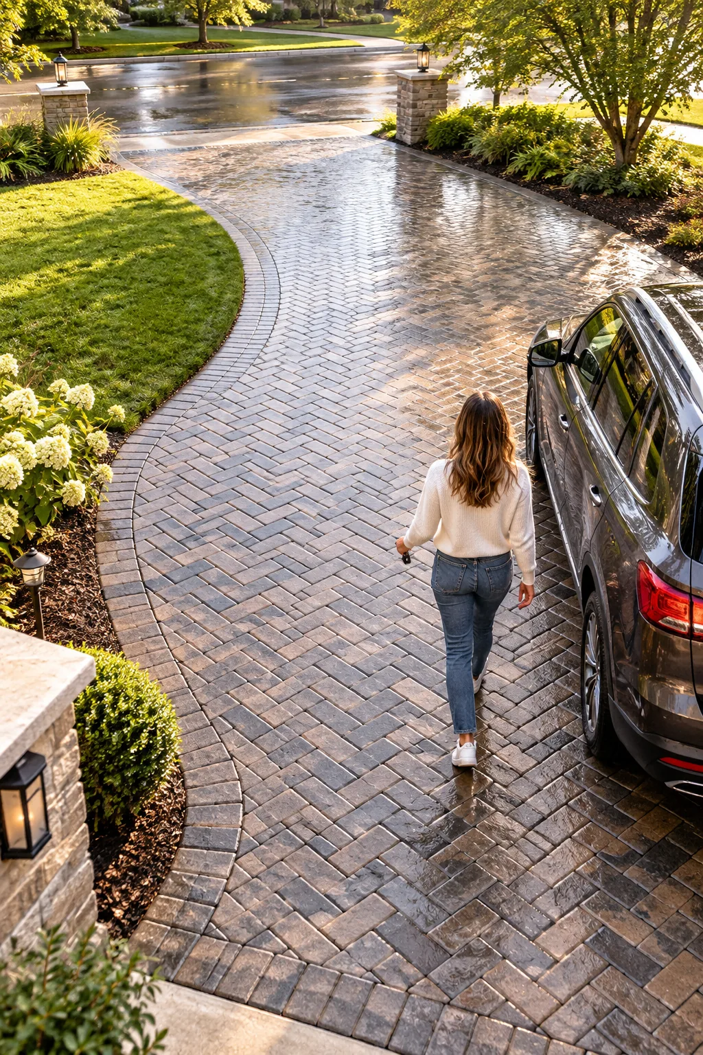 A wet, freshly rained-on paver driveway curving toward the street with tightly locked joints.