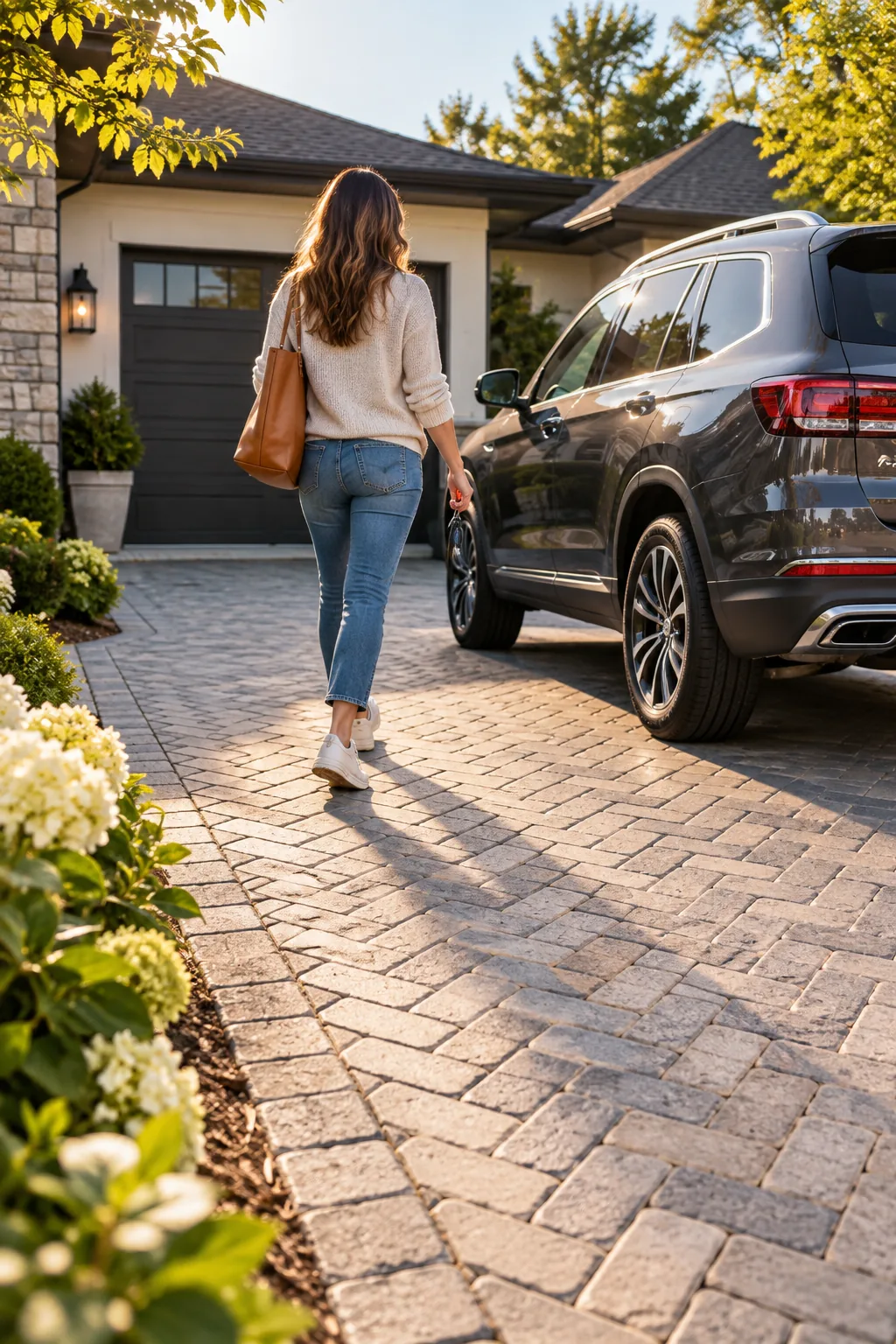A person walking toward their car on a beautifully finished paver driveway.