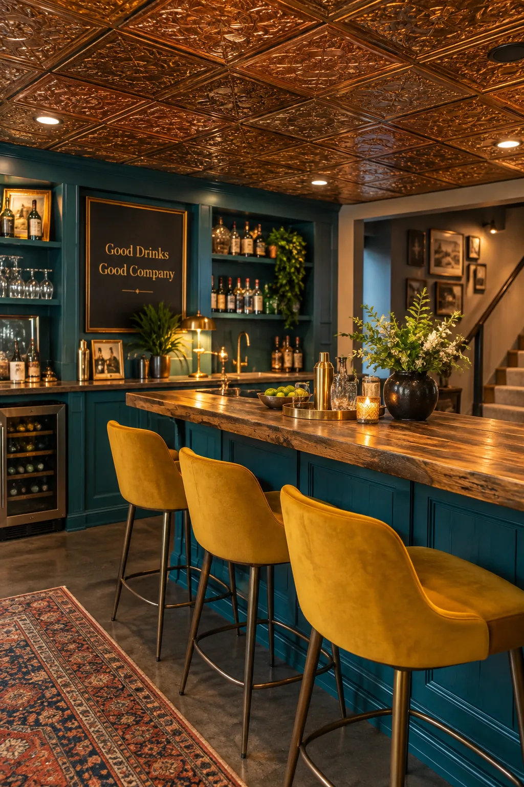 Faux tin ceiling tiles in a basement bar