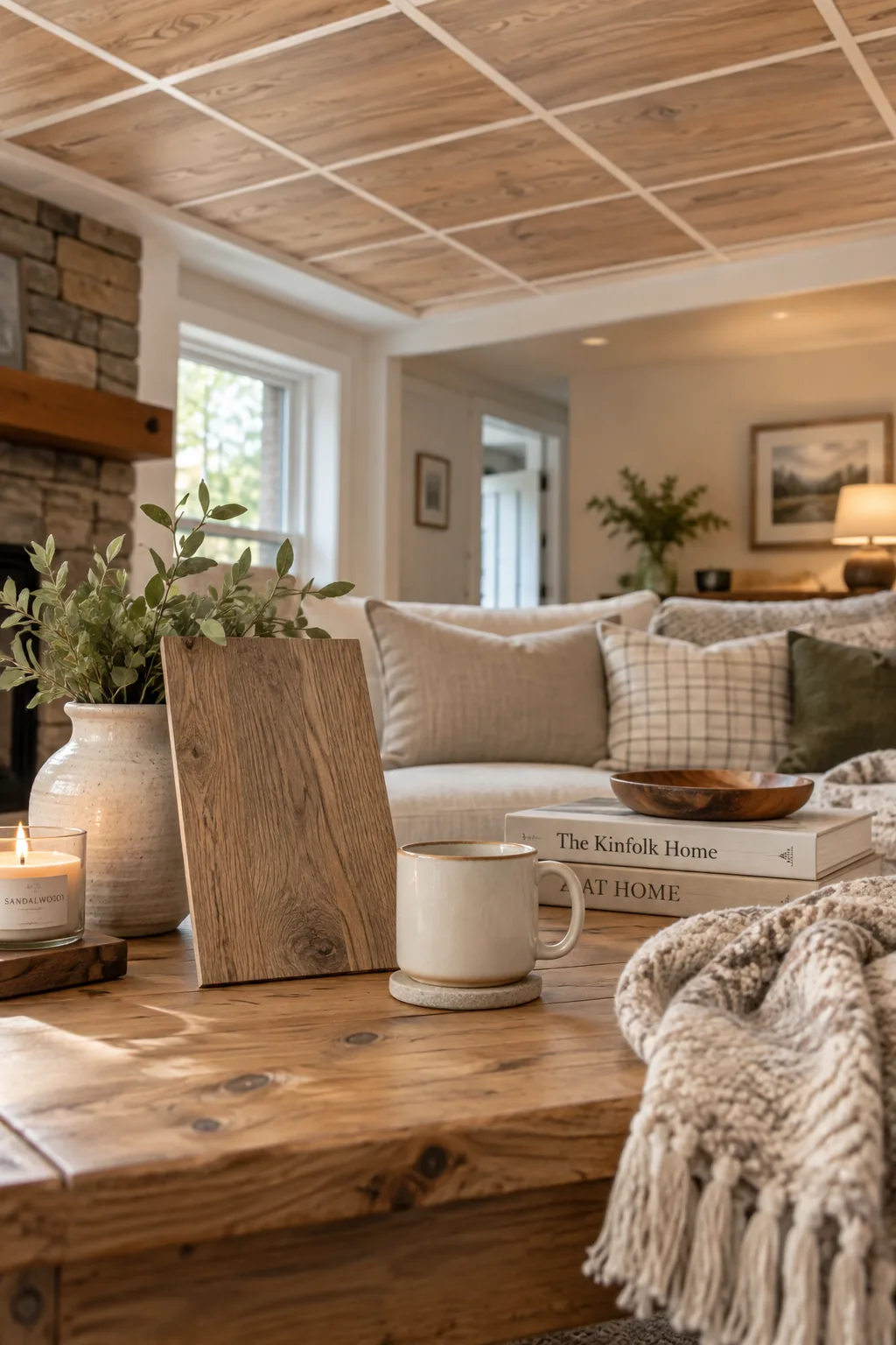 Wood look ceiling planks in a cozy family room