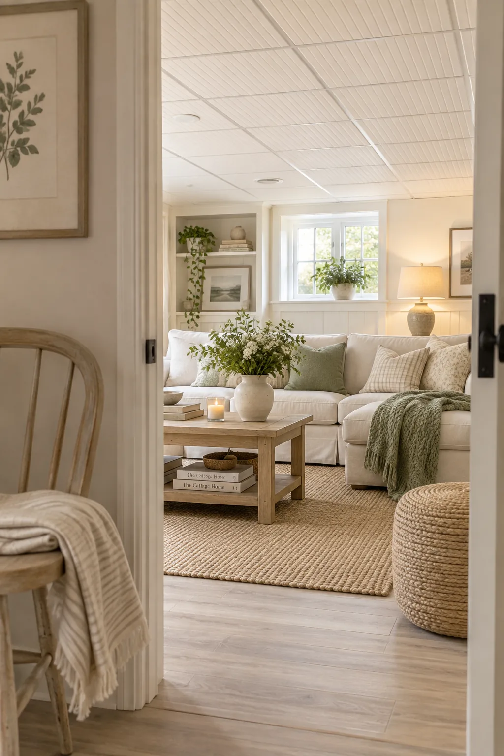 Beadboard ceiling inserts with white trim