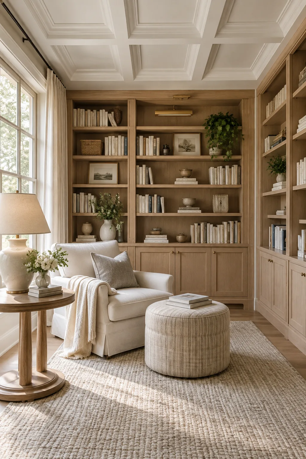 White coffered ceiling tiles in a home office