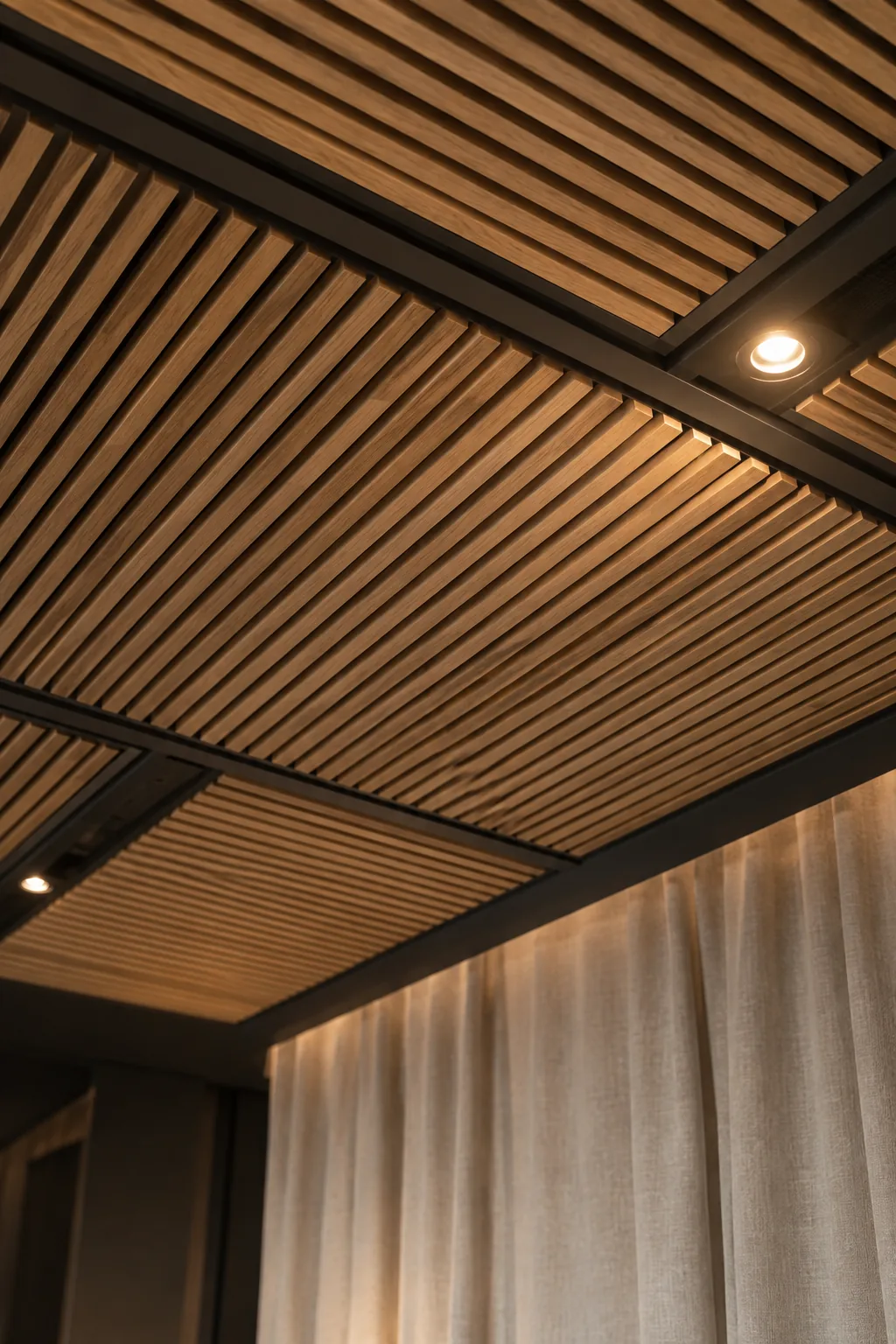 Acoustic wood slat panels on a basement ceiling