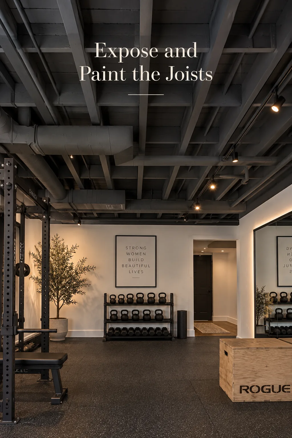 Exposed basement ceiling painted charcoal gray