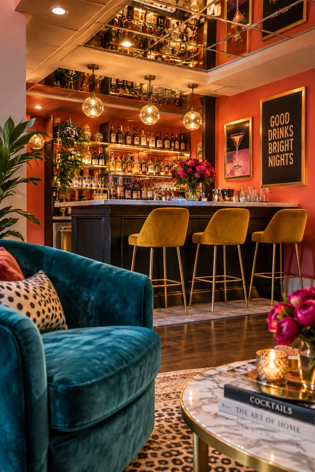 Mirrored ceiling panels above a basement bar