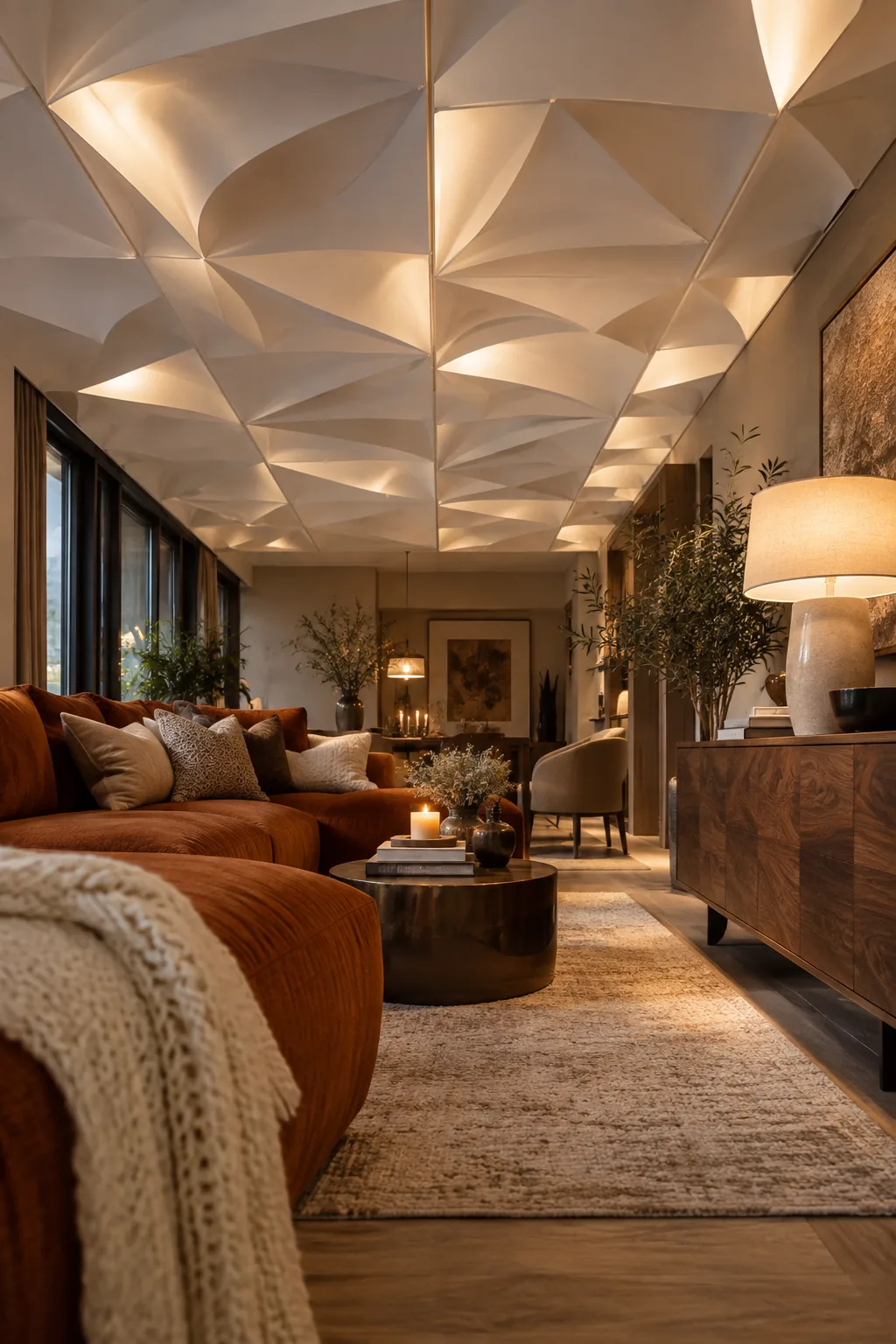 3D geometric ceiling tiles in a modern space