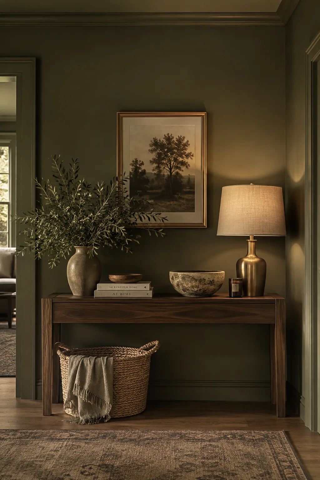 Living room painted entirely in a deep olive green