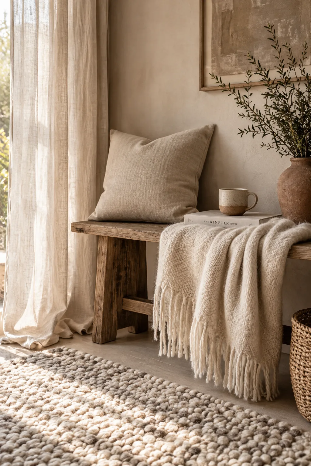 Bedroom with linen curtains and a thick wool rug