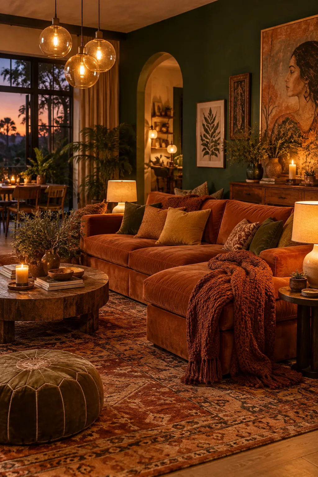 Warm amber glass pendant lights hanging over a side table