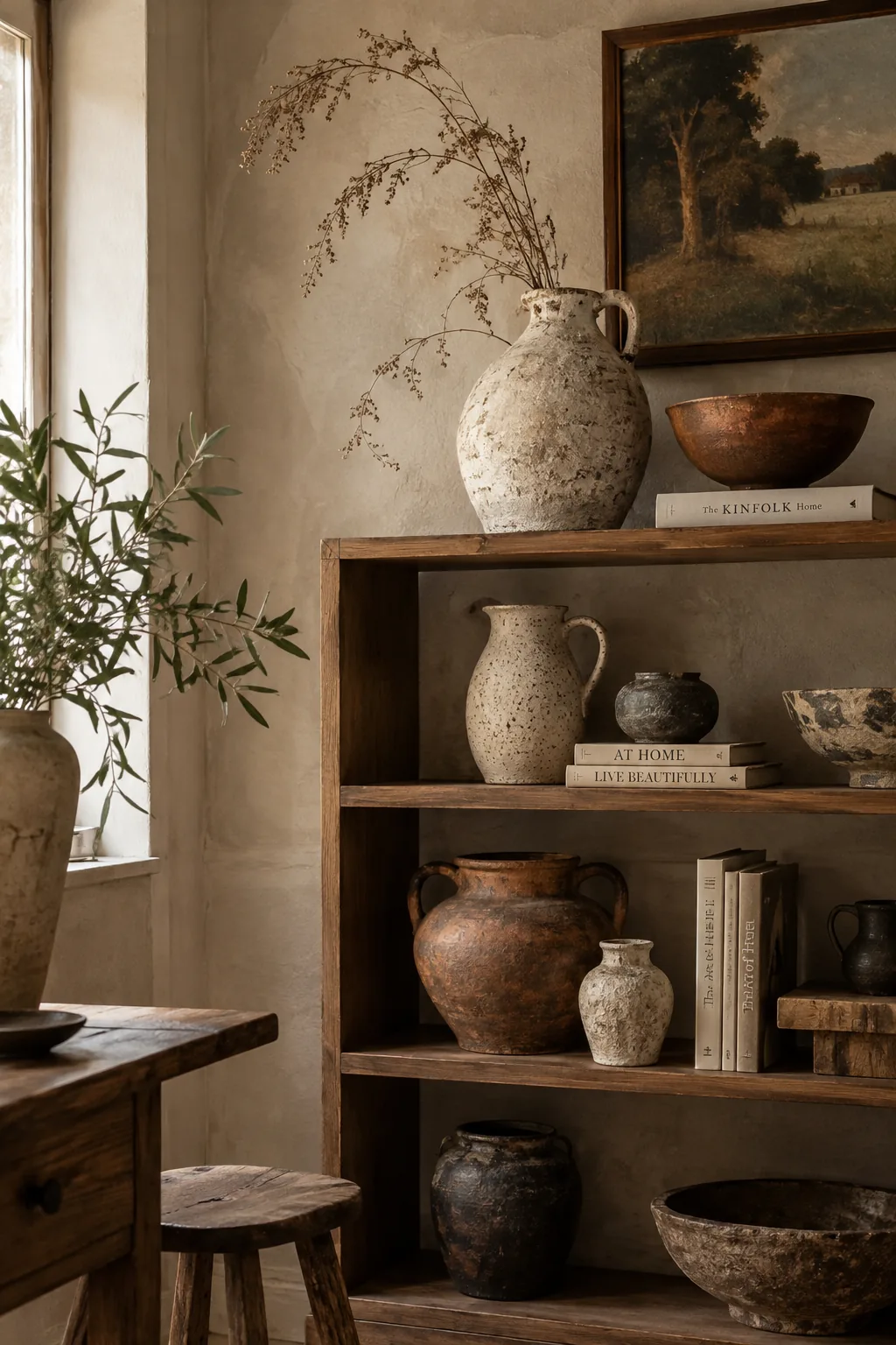 Wooden shelf styled with various unglazed terracotta and stoneware vases