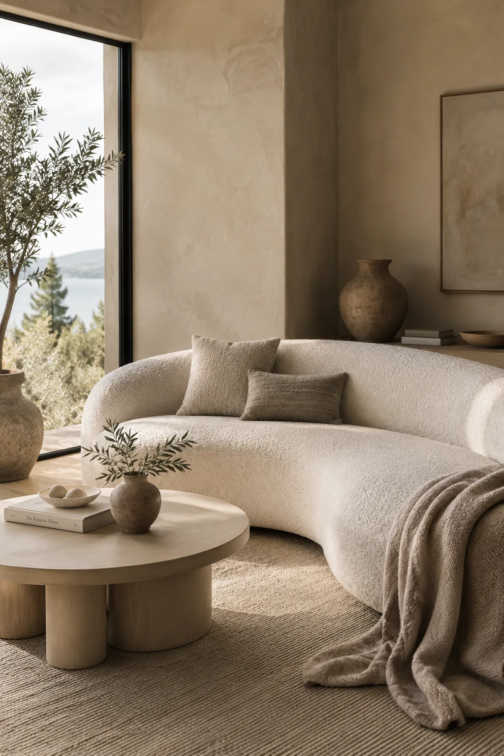 Crescent-shaped boucl&eacute; sofa in a warm neutral living room