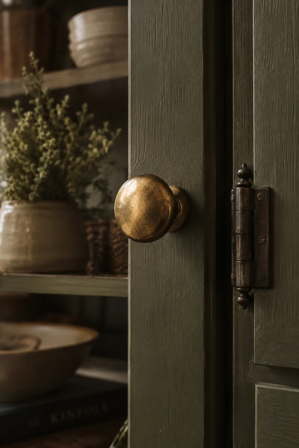 Close-up of unlacquered brass cabinet hardware