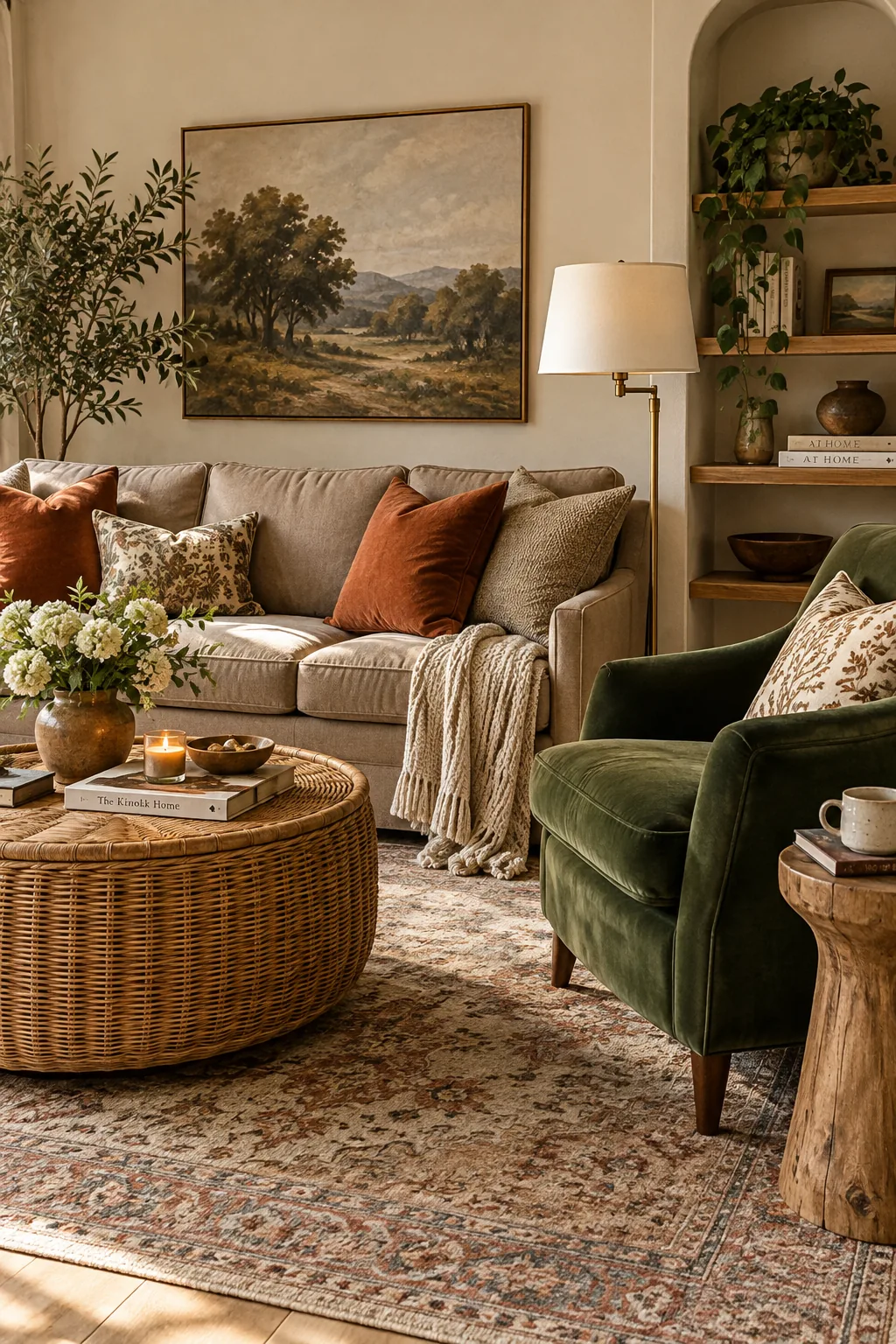 Living room with taupe sofa and rust-colored throw pillows