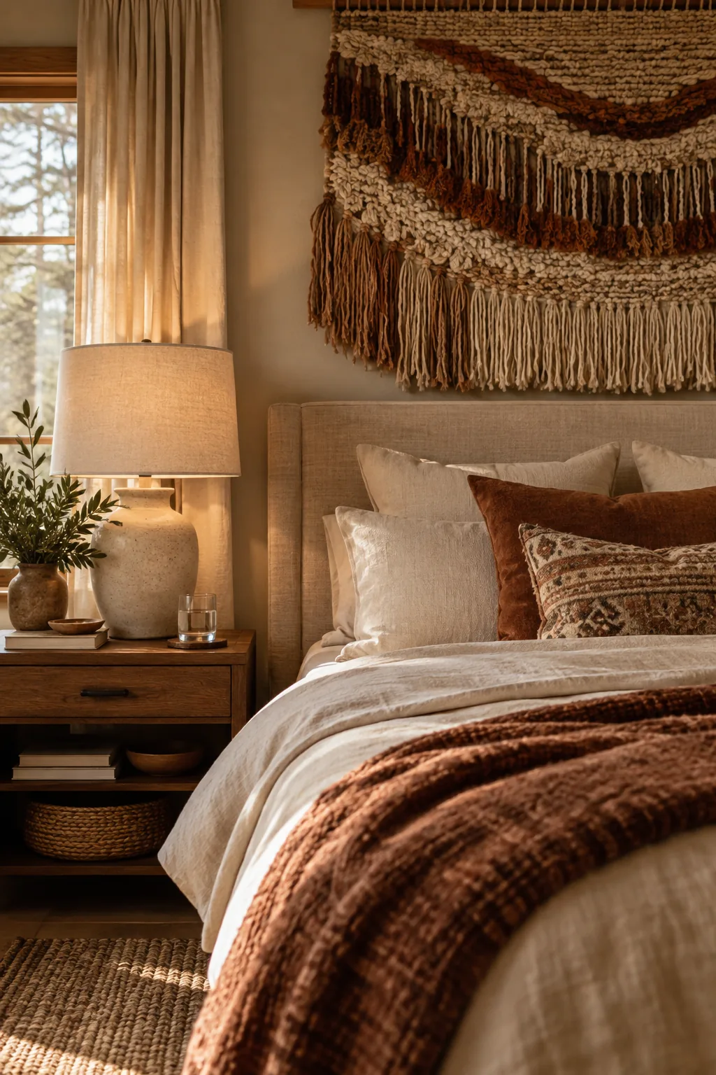 Large woven wall hanging above a bed headboard