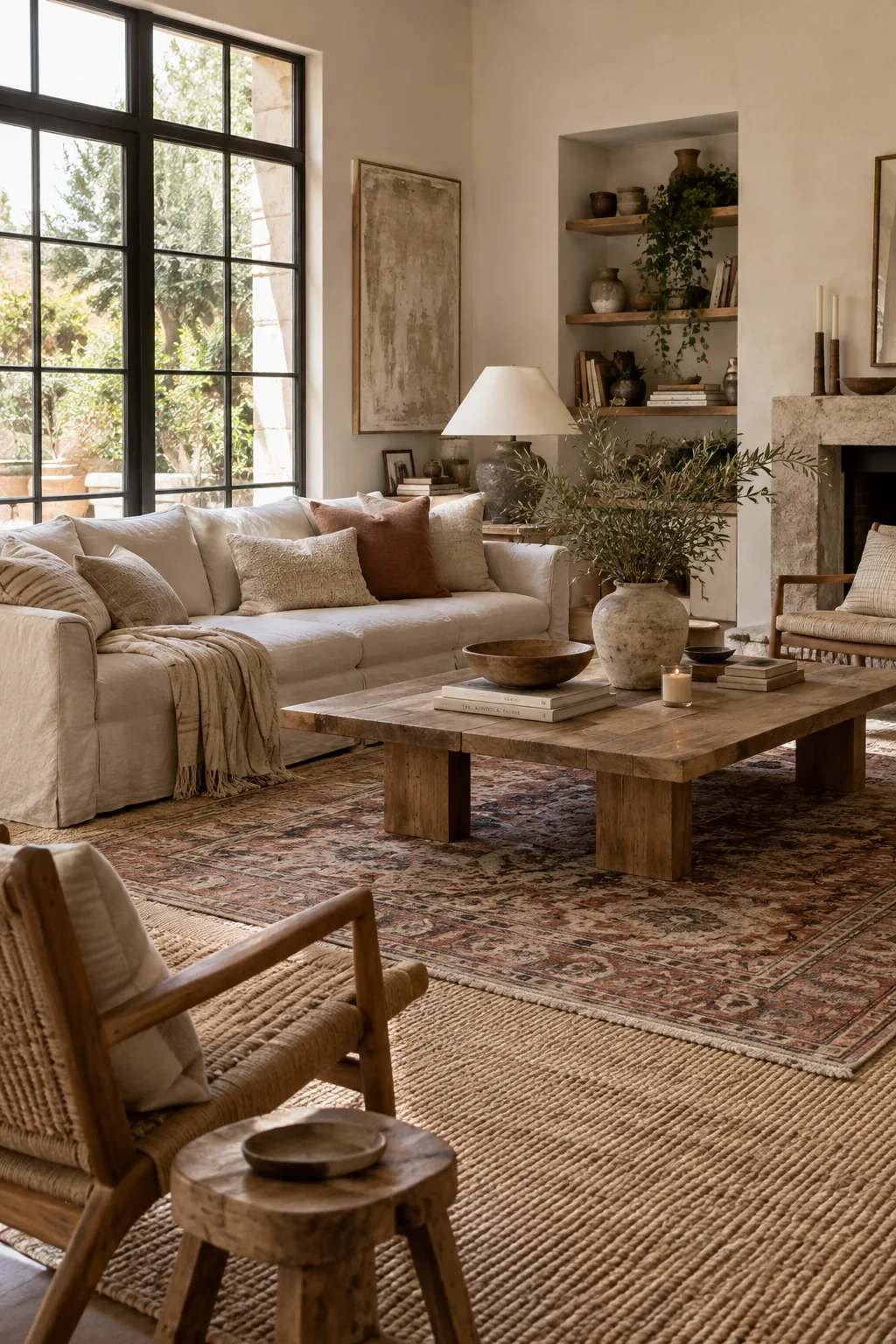 Vintage Persian rug layered over a large jute rug in a living room