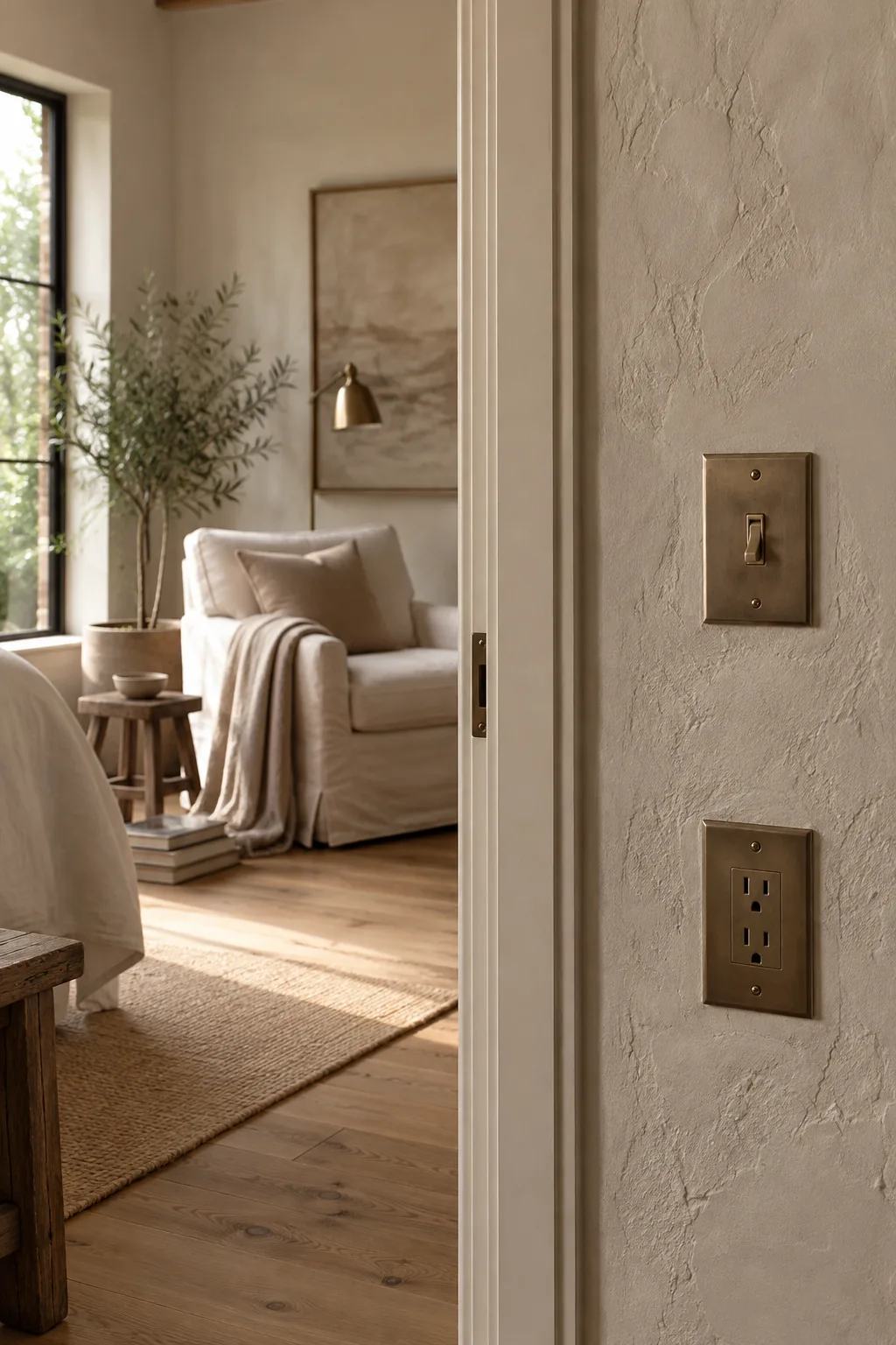 Matte bronze light switch cover on a dark green wall