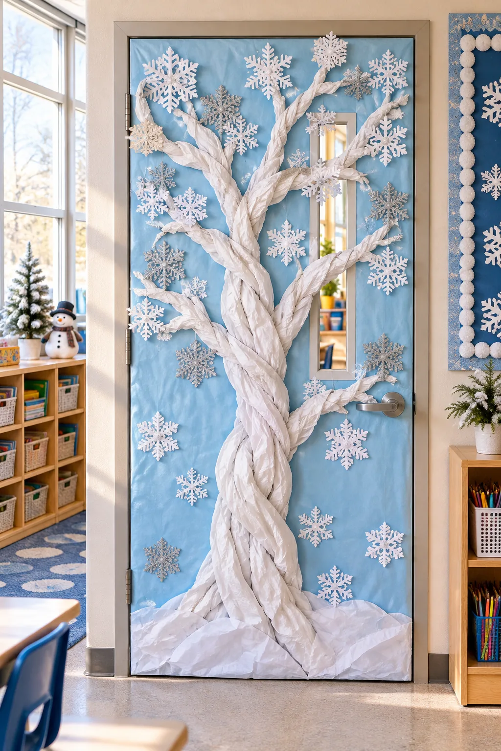 A classroom door decorated with a white paper tree and silver snowflakes on a blue background.