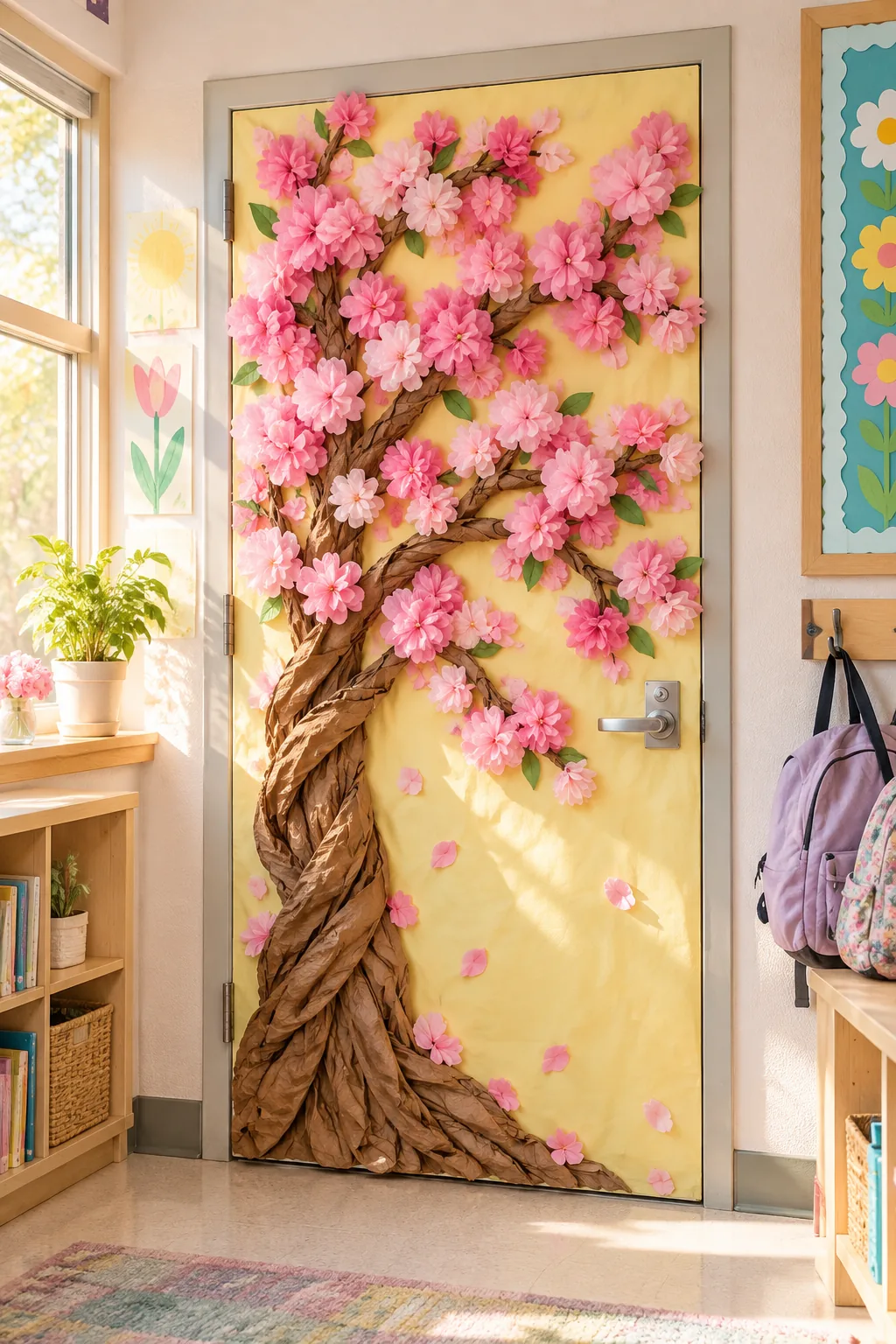 A classroom door featuring a brown paper tree covered in pink tissue paper cherry blossoms.