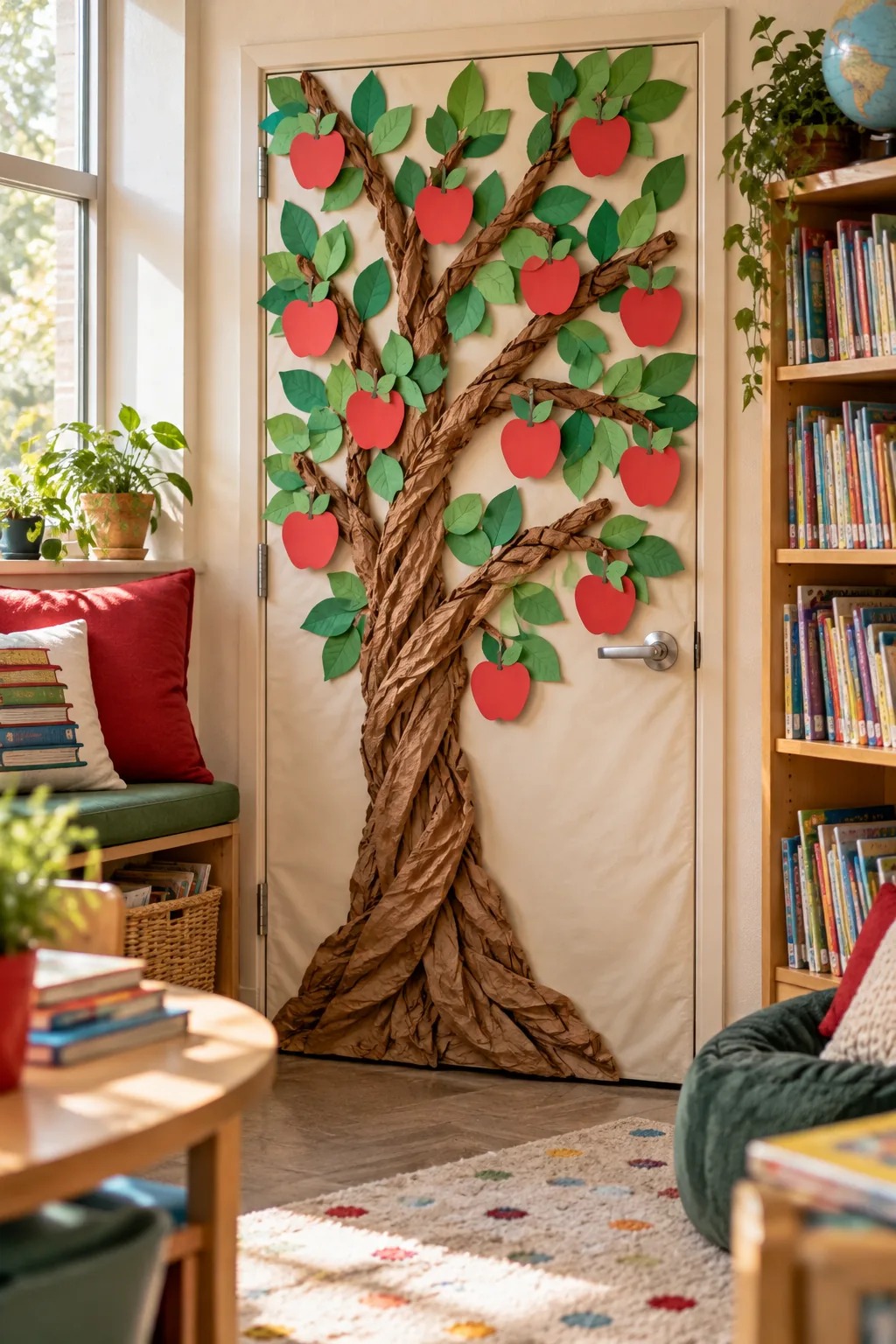 A paper tree on a door decorated with green leaves and red apples bearing book titles.