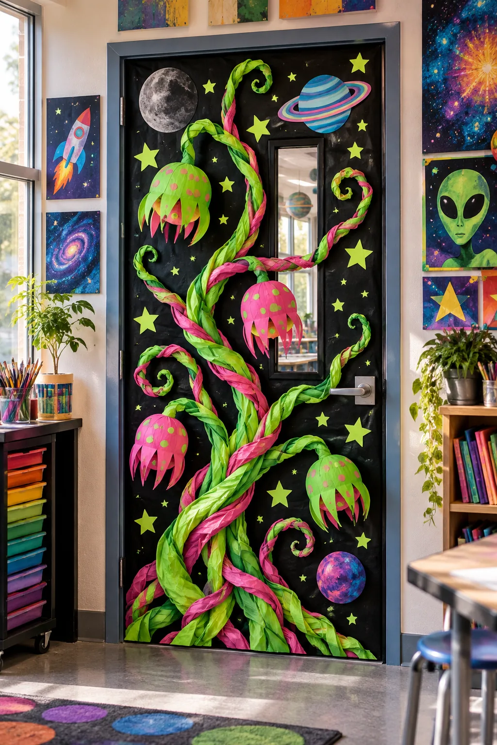 A space-themed classroom door with neon twisted paper vines and glowing stars on a black background.